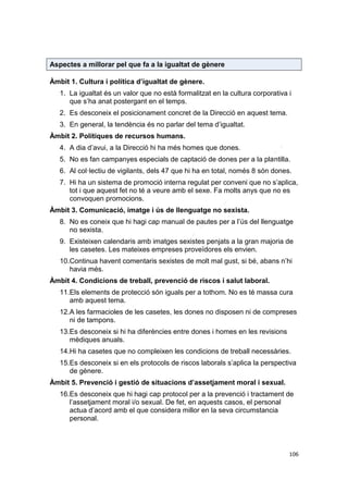 Aspectes a millorar pel que fa a la igualtat de gènere
Àmbit 1. Cultura i política d’igualtat de gènere.
1. La igualtat és un valor que no està formalitzat en la cultura corporativa i
que s’ha anat postergant en el temps.
2. Es desconeix el posicionament concret de la Direcció en aquest tema.
3. En general, la tendència és no parlar del tema d’igualtat.
Àmbit 2. Polítiques de recursos humans.
4. A dia d’avui, a la Direcció hi ha més homes que dones.
5. No es fan campanyes especials de captació de dones per a la plantilla.
6. Al col·lectiu de vigilants, dels 47 que hi ha en total, només 8 són dones.
7. Hi ha un sistema de promoció interna regulat per conveni que no s’aplica,
tot i que aquest fet no té a veure amb el sexe. Fa molts anys que no es
convoquen promocions.
Àmbit 3. Comunicació, imatge i ús de llenguatge no sexista.
8. No es coneix que hi hagi cap manual de pautes per a l’ús del llenguatge
no sexista.
9. Existeixen calendaris amb imatges sexistes penjats a la gran majoria de
les casetes. Les mateixes empreses proveïdores els envien.
10.Continua havent comentaris sexistes de molt mal gust, si bé, abans n’hi
havia més.
Àmbit 4. Condicions de treball, prevenció de riscos i salut laboral.
11.Els elements de protecció són iguals per a tothom. No es té massa cura
amb aquest tema.
12.A les farmacioles de les casetes, les dones no disposen ni de compreses
ni de tampons.
13.Es desconeix si hi ha diferències entre dones i homes en les revisions
mèdiques anuals.
14.Hi ha casetes que no compleixen les condicions de treball necessàries.
15.Es desconeix si en els protocols de riscos laborals s’aplica la perspectiva
de gènere.
Àmbit 5. Prevenció i gestió de situacions d’assetjament moral i sexual.
16.Es desconeix que hi hagi cap protocol per a la prevenció i tractament de
l’assetjament moral i/o sexual. De fet, en aquests casos, el personal
actua d’acord amb el que considera millor en la seva circumstancia
personal.

106

 