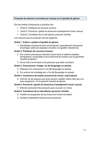 Proposta de mesures concretes per avançar en la igualtat de gènere
Els tres àmbits d’intervenció a prioritzar són:


Àmbit 2. Polítiques de recursos humans.



Àmbit 5. Prevenció i gestió de situacions d’assetjament moral i sexual.



Àmbit 6. Conciliació de la vida laboral, personal i familiar.

Les mesures que es proposen són les següents:
Àmbit 1. Cultura i política d’igualtat de gènere.
1. Sensibilitzar el personal amb comandament, especialment el personal
encarregat, sobre els aspectes vinculats a la igualtat i abordar-los.
Àmbit 2. Polítiques de recursos humans.
2. Dur a terme promocions internes d’acord amb el sistema establert,
transparents i accessibles a tot el personal de manera que es garanteixi
l’equitat de gènere.
3. Donar dret a la formació a les persones que estan conciliant.
Àmbit 3. Comunicació, imatge i ús de llenguatge no sexista.
4. Disposar d’un manual per a l’ús del llenguatge no sexista.
5. Fer accions de reciclatge per a l’ús del llenguatge no sexista.
Àmbit 4. Condicions de treball, prevenció de riscos i salut laboral.
6. Informar de les tasques que tenen plusos i establir criteris clars per a la
seva assignació, a fi de garantir l’equitat de gènere.
Àmbit 5. Prevenció i gestió de situacions d’assetjament moral i sexual.
7. Difondre activament els protocols quan es posin en marxa.
Àmbit 6. Conciliació de la vida laboral, personal i familiar.
8. Facilitar la recuperació de les hores dins l’horari de treball.
9. Facilitar la flexibilitat horària de tot el personal.

113

 