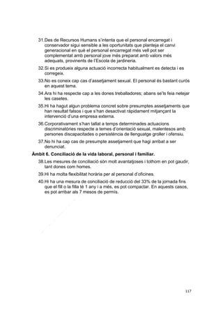 31.Des de Recursos Humans s’intenta que el personal encarregat i
conservador sigui sensible a les oportunitats que planteja el canvi
generacional en què el personal encarregat més vell pot ser
complementat amb personal jove més preparat amb valors més
adequats, provinents de l’Escola de jardineria.
32.Si es produeix alguna actuació incorrecta habitualment es detecta i es
corregeix.
33.No es coneix cap cas d’assetjament sexual. El personal és bastant curós
en aquest tema.
34.Ara hi ha respecte cap a les dones treballadores; abans se’ls feia netejar
les casetes.
35.Hi ha hagut algun problema concret sobre presumptes assetjaments que
han resultat falsos i que s’han desactivat ràpidament mitjançant la
intervenció d’una empresa externa.
36.Corporativament s’han tallat a temps determinades actuacions
discriminatòries respecte a temes d’orientació sexual, malentesos amb
persones discapacitades o persistència de llenguatge groller i ofensiu.
37.No hi ha cap cas de presumpte assetjament que hagi arribat a ser
denunciat.
Àmbit 6. Conciliació de la vida laboral, personal i familiar.
38.Les mesures de conciliació són molt avantatjoses i tothom en pot gaudir,
tant dones com homes.
39.Hi ha molta flexibilitat horària per al personal d’oficines.
40.Hi ha una mesura de conciliació de reducció del 33% de la jornada fins
que el fill o la filla té 1 any i a més, es pot compactar. En aquests casos,
es pot arribar als 7 mesos de permís.

117

 