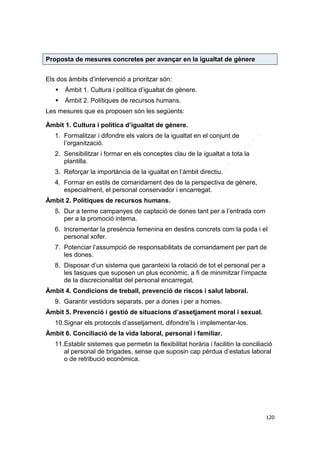 Proposta de mesures concretes per avançar en la igualtat de gènere
Els dos àmbits d’intervenció a prioritzar són:


Àmbit 1. Cultura i política d’igualtat de gènere.



Àmbit 2. Polítiques de recursos humans.

Les mesures que es proposen són les següents:
Àmbit 1. Cultura i política d’igualtat de gènere.
1. Formalitzar i difondre els valors de la igualtat en el conjunt de
l’organització.
2. Sensibilitzar i formar en els conceptes clau de la igualtat a tota la
plantilla.
3. Reforçar la importància de la igualtat en l’àmbit directiu.
4. Formar en estils de comandament des de la perspectiva de gènere,
especialment, el personal conservador i encarregat.
Àmbit 2. Polítiques de recursos humans.
5. Dur a terme campanyes de captació de dones tant per a l’entrada com
per a la promoció interna.
6. Incrementar la presència femenina en destins concrets com la poda i el
personal xofer.
7. Potenciar l’assumpció de responsabilitats de comandament per part de
les dones.
8. Disposar d’un sistema que garanteixi la rotació de tot el personal per a
les tasques que suposen un plus econòmic, a fi de minimitzar l’impacte
de la discrecionalitat del personal encarregat.
Àmbit 4. Condicions de treball, prevenció de riscos i salut laboral.
9. Garantir vestidors separats, per a dones i per a homes.
Àmbit 5. Prevenció i gestió de situacions d’assetjament moral i sexual.
10.Signar els protocols d’assetjament, difondre’ls i implementar-los.
Àmbit 6. Conciliació de la vida laboral, personal i familiar.
11.Establir sistemes que permetin la flexibilitat horària i facilitin la conciliació
al personal de brigades, sense que suposin cap pèrdua d’estatus laboral
o de retribució econòmica.

120

 