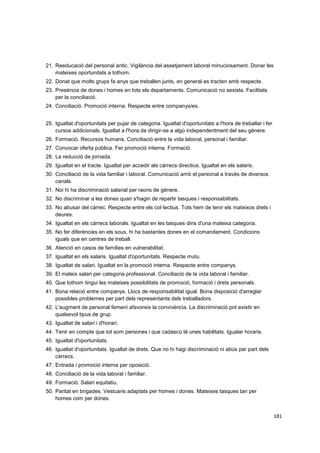 21. Reeducació del personal antic. Vigilància del assetjament laboral minuciosament. Donar les
mateixes oportunitats a tothom.
22. Donat que molts grups fa anys que treballen junts, en general es tracten amb respecte.
23. Presència de dones i homes en tots els departaments. Comunicació no sexista. Facilitats
per la conciliació.
24. Conciliació. Promoció interna. Respecte entre companys/es.
25. Igualtat d'oportunitats per pujar de categoria. Igualtat d'oportunitats a l'hora de treballar i fer
cursos addicionals. Igualtat a l'hora de dirigir-se a algú independentment del seu gènere.
26. Formació. Recursos humans. Conciliació entre la vida laboral, personal i familiar.
27. Convocar oferta pública. Fer promoció interna. Formació.
28. La reducció de jornada.
29. Igualtat en el tracte. Igualtat per accedir als càrrecs directius. Igualtat en els salaris.
30. Conciliació de la vida familiar i laboral. Comunicació amb el personal a través de diversos
canals.
31. Noi hi ha discriminació salarial per raons de gènere.
32. No discriminar a les dones quan s'hagin de repartir tasques i responsabilitats.
33. No abusar del càrrec. Respecte entre els col·lectius. Tots hem de tenir els mateixos drets i
deures.
34. Igualtat en els càrrecs laborals. Igualtat en les tasques dins d'una mateixa categoria.
35. No fer diferències en els sous, hi ha bastantes dones en el comandament. Condicions
iguals que en centres de treball.
36. Atenció en casos de famílies en vulnerabilitat.
37. Igualtat en els salaris. Igualtat d'oportunitats. Respecte mutu.
38. Igualtat de salari. Igualtat en la promoció interna. Respecte entre companys.
39. El mateix salari per categoria professional. Conciliació de la vida laboral i familiar.
40. Que tothom tingui les mateixes possibilitats de promoció, formació i drets personals.
41. Bona relació entre companys. Llocs de responsabilitat igual. Bona disposició d'arreglar
possibles problemes per part dels representants dels treballadors.
42. L'augment de personal femení afavoreix la convivència. La discriminació pot existir en
qualsevol tipus de grup.
43. Igualtat de salari i d'horari.
44. Tenir en compte que tot som persones i que cadascú té unes habilitats. Igualar horaris.
45. Igualtat d'oportunitats.
46. Igualtat d'oportunitats. Igualtat de drets. Que no hi hagi discriminació ni abús per part dels
càrrecs.
47. Entrada i promoció interna per oposició.
48. Conciliació de la vida laboral i familiar.
49. Formació. Salari equitatiu.
50. Paritat en brigades. Vestuaris adaptats per homes i dones. Mateixes tasques tan per
homes com per dones.
181

 