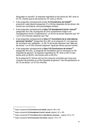 llenguatge no sexista?, la resposta majoritària en les dones és “No” amb un
51,7%, mentre que en els homes és “Sí” amb un 46,4%.


A les preguntes corresponents al bloc 5.5 Condicions de treball52,
prevenció i salut laboral (preguntes 31 a 33) les respostes de les dones i els
homes són coincidents, amb percentatges similars.



A les preguntes corresponents al bloc 5.6 Assetjament moral i sexual53
(preguntes 34 a 39), la pregunta 39 Tens coneixement d’algun cas
d’assetjament moral a l’organització?, un 50,3% de dones responen que “Sí”
i un 51,4% d’homes responen que “No”.



A les preguntes corresponents al bloc 5.7 Conciliació de la vida laboral,
personal i familiar54 (preguntes 40 a 48), en la pregunta 41 Les mesures
de conciliació són utilitzades:, un 38,1% de dones responen que “Més per
les dones” i un 41,8% d’homes responen “Igual per dones que per homes”.



A les preguntes corresponents al bloc 5.8 Conclusions de síntesi55
(preguntes 49 a 52), la pregunta 50 Consideres que és necessari un Pla
d’igualtat de gènere?, la resposta majoritària és “Sí” amb un 69,1% (les
dones amb un 80,9% i els homes amb un 65,2%).
En la pregunta 51 Quines són les tres mesures concretes que creus que
s’haurien de prioritzar en el Pla d’igualtat de gènere?, han fet aportacions un
53,1% de dones i un 27,3% d’homes.

52

Vegeu subapartat 5.5 Condicions de treball, pàgines 158 a 160.

53

Vegeu subapartat 5.6 Assetjament moral i sexual, pàgines 161 a 166.

54

Vegeu subapartat 5.7 Conciliació de la vida laboral, personal..., pàgines 167 a 175.

55

Vegeu subapartat 5.8 Conclusions de síntesi, pàgines 176 a 179.
21

 