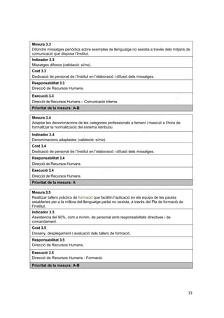 Mesura 3.3
Difondre missatges periòdics sobre exemples de llenguatge no sexista a través dels mitjans de
comunicació que disposa l’Institut.
Indicador 3.3
Missatges difosos (validació: sí/no).
Cost 3.3
Dedicació de personal de l’Institut en l’elaboració i difusió dels missatges.
Responsabilitat 3.3
Direcció de Recursos Humans.
Execució 3.3
Direcció de Recursos Humans – Comunicació Interna.
Prioritat de la mesura: A-B
Mesura 3.4
Adaptar les denominacions de les categories professionals a femení i masculí a l’hora de
formalitzar la normalització del sistema retributiu.
Indicador 3.4
Denominacions adaptades (validació: sí/no).
Cost 3.4
Dedicació de personal de l’Institut en l’elaboració i difusió dels missatges.
Responsabilitat 3.4
Direcció de Recursos Humans.
Execució 3.4
Direcció de Recursos Humans.
Prioritat de la mesura: A
Mesura 3.5
Realitzar tallers pràctics de formació que facilitin l’aplicació en els equips de les pautes
establertes per a la millora del llenguatge parlat no sexista, a través del Pla de formació de
l’Institut.
Indicador 3.5
Assistència del 90%, com a mínim, de personal amb responsabilitats directives i de
comandament.
Cost 3.5
Disseny, desplegament i avaluació dels tallers de formació.
Responsabilitat 3.5
Direcció de Recursos Humans.
Execució 3.5
Direcció de Recursos Humans - Formació.
Prioritat de la mesura: A-B

33

 