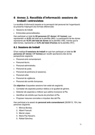 6 Annex 2. Recollida d’informació: sessions de
treball i entrevistes
La recollida d’informació basada en la percepció del personal de l’organització
es presenta mitjançant dos formats diferenciats:


Sessions de treball.



Entrevistes personalitzades.

Han participat un total de 62 persones (21 dones i 41 homes), que
representen un 6,5% del total de la plantilla (960). La participació de les dones
representa un 10,5% del total de dones de la plantilla (199), mentre que la
dels homes, representa un 5,4% del total d’homes de la plantilla (761).

6.1 Sessions de treball
S’han realitzat 9 sessions de treball en què han participat un total de 58
persones (21 dones i 37 homes) per recollir aportacions des de les
perspectives següents:


Personal amb comandament.



Personal tècnic.



Personal administratiu.



Personal de poda.



Personal de jardineria (2 sessions).



Personal xofer.



Personal de vigilància.



Personal del comitè d’empresa.

Els objectius d’aquestes sessions han estat els següents:


Constatar els aspectes positius relatius a la igualtat de gènere.



Detectar els aspectes a millorar que caldria incorporar al Pla.



Identificar els àmbits que hauria de prioritzar el Pla.



Proposar mesures concretes a impulsar des del Pla.

Han participat a la sessió de personal amb comandament (26/06/13; 10h.) les
persones següents:
1.
2.
3.
4.
5.

Mònica Bordas.
Albert Francolí.
Mercè López.
Maria Paz Navarro.
Rafael Sánchez.
71

 