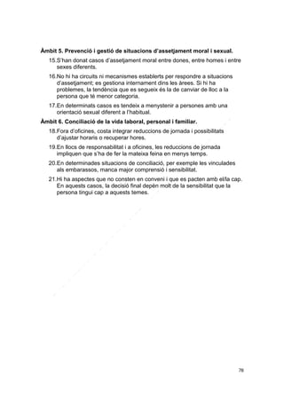Àmbit 5. Prevenció i gestió de situacions d’assetjament moral i sexual.
15.S’han donat casos d’assetjament moral entre dones, entre homes i entre
sexes diferents.
16.No hi ha circuits ni mecanismes establerts per respondre a situacions
d’assetjament; es gestiona internament dins les àrees. Si hi ha
problemes, la tendència que es segueix és la de canviar de lloc a la
persona que té menor categoria.
17.En determinats casos es tendeix a menystenir a persones amb una
orientació sexual diferent a l’habitual.
Àmbit 6. Conciliació de la vida laboral, personal i familiar.
18.Fora d’oficines, costa integrar reduccions de jornada i possibilitats
d’ajustar horaris o recuperar hores.
19.En llocs de responsabilitat i a oficines, les reduccions de jornada
impliquen que s’ha de fer la mateixa feina en menys temps.
20.En determinades situacions de conciliació, per exemple les vinculades
als embarassos, manca major comprensió i sensibilitat.
21.Hi ha aspectes que no consten en conveni i que es pacten amb el/la cap.
En aquests casos, la decisió final depèn molt de la sensibilitat que la
persona tingui cap a aquests temes.

78

 