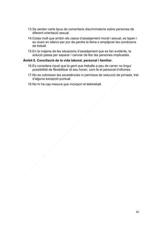 13.Se senten certs tipus de comentaris discriminatoris sobre persones de
diferent orientació sexual.
14.Costa molt que arribin els casos d’assetjament moral i sexual, es tapen i
es viuen en silenci per por de perdre la feina o empitjorar les condicions
de treball.
15.En la majoria de les situacions d’assetjament que es fan evidents, la
solució passa per separar i canviar de lloc les persones implicades.
Àmbit 6. Conciliació de la vida laboral, personal i familiar.
16.Es considera injust que la gent que treballa a peu de carrer no tingui
possibilitat de flexibilitzar el seu horari, com fa el personal d’oficines.
17.No es cobreixen les excedències ni permisos de reducció de jornada, tret
d’alguna excepció puntual.
18.No hi ha cap mesura que incorpori el teletreball.

82

 