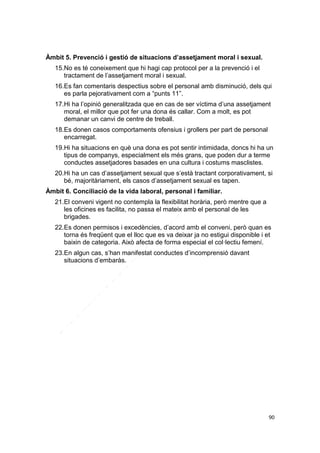 Àmbit 5. Prevenció i gestió de situacions d’assetjament moral i sexual.
15.No es té coneixement que hi hagi cap protocol per a la prevenció i el
tractament de l’assetjament moral i sexual.
16.Es fan comentaris despectius sobre el personal amb disminució, dels qui
es parla pejorativament com a “punts 11”.
17.Hi ha l’opinió generalitzada que en cas de ser víctima d’una assetjament
moral, el millor que pot fer una dona és callar. Com a molt, es pot
demanar un canvi de centre de treball.
18.Es donen casos comportaments ofensius i grollers per part de personal
encarregat.
19.Hi ha situacions en què una dona es pot sentir intimidada, doncs hi ha un
tipus de companys, especialment els més grans, que poden dur a terme
conductes assetjadores basades en una cultura i costums masclistes.
20.Hi ha un cas d’assetjament sexual que s’està tractant corporativament, si
bé, majoritàriament, els casos d’assetjament sexual es tapen.
Àmbit 6. Conciliació de la vida laboral, personal i familiar.
21.El conveni vigent no contempla la flexibilitat horària, però mentre que a
les oficines es facilita, no passa el mateix amb el personal de les
brigades.
22.Es donen permisos i excedències, d’acord amb el conveni, però quan es
torna és freqüent que el lloc que es va deixar ja no estigui disponible i et
baixin de categoria. Això afecta de forma especial el col·lectiu femení.
23.En algun cas, s’han manifestat conductes d’incomprensió davant
situacions d’embaràs.

90

 