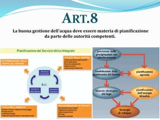 La buona gestione dell'acqua deve essere materia di pianificazione
da parte delle autorità competenti.
ART.8
 