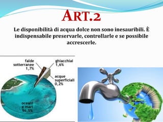Le disponibilità di acqua dolce non sono inesauribili. È
indispensabile preservarle, controllarle e se possibile
accrescerle.
ART.2
 