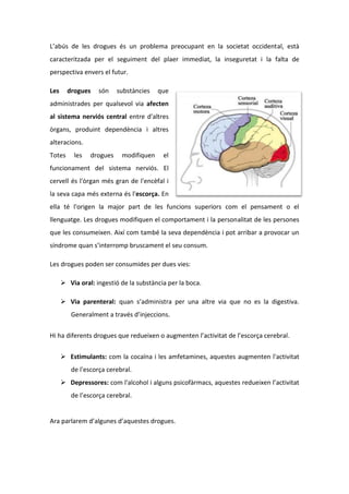 L’abús de les drogues és un problema preocupant en la societat occidental, està
caracteritzada per el seguiment del plaer immediat, la inseguretat i la falta de
perspectiva envers el futur.

Les     drogues    són    substàncies   que
administrades per qualsevol via afecten
al sistema nerviós central entre d'altres
òrgans, produint dependència i altres
alteracions.
Totes     les   drogues    modifiquen     el
funcionament del sistema nerviós. El
cervell és l'òrgan més gran de l'encèfal i
la seva capa més externa és l'escorça. En
ella té l'origen la major part de les funcions superiors com el pensament o el
llenguatge. Les drogues modifiquen el comportament i la personalitat de les persones
que les consumeixen. Així com també la seva dependència i pot arribar a provocar un
síndrome quan s’interromp bruscament el seu consum.

Les drogues poden ser consumides per dues vies:

       Via oral: ingestió de la substància per la boca.

       Via parenteral: quan s’administra per una altre via que no es la digestiva.
         Generalment a través d’injeccions.

Hi ha diferents drogues que redueixen o augmenten l’activitat de l’escorça cerebral.


       Estimulants: com la cocaïna i les amfetamines, aquestes augmenten l'activitat
         de l'escorça cerebral.
       Depressores: com l'alcohol i alguns psicofàrmacs, aquestes redueixen l’activitat
         de l’escorça cerebral.


Ara parlarem d’algunes d’aquestes drogues.
 