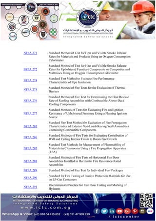 NFPA 271 Standard Method of Test for Heat and Visible Smoke Release
Rates for Materials and Products Using an Oxygen Consumption
Calorimeter
NFPA 272
Standard Method of Test for Heat and Visible Smoke Release
Rates for Upholstered Furniture Components or Composites and
Mattresses Using an Oxygen Consumption Calorimeter
NFPA 274
Standard Test Method to Evaluate Fire Performance
Characteristics of Pipe Insulation
NFPA 275
Standard Method of Fire Tests for the Evaluation of Thermal
Barriers
NFPA 276
Standard Method of Fire Test for Determining the Heat Release
Rate of Roofing Assemblies with Combustible Above-Deck
Roofing Components
NFPA 277
Standard Methods of Tests for Evaluating Fire and Ignition
Resistance of Upholstered Furniture Using a Flaming Ignition
Source
NFPA 285
Standard Fire Test Method for Evaluation of Fire Propagation
Characteristics of Exterior Non-Load-Bearing Wall Assemblies
Containing Combustible Components
NFPA 286
Standard Methods of Fire Tests for Evaluating Contribution of
Wall and Ceiling Interior Finish to Room Fire Growth
NFPA 287
Standard Test Methods for Measurement of Flammability of
Materials in Cleanrooms Using a Fire Propagation Apparatus
(FPA)
NFPA 288
Standard Methods of Fire Tests of Horizontal Fire Door
Assemblies Installed in Horizontal Fire Resistance-Rated
Assemblies
NFPA 289 Standard Method of Fire Test for Individual Fuel Packages
NFPA 290
Standard for Fire Testing of Passive Protection Materials for Use
on LP-Gas Containers
NFPA 291
Recommended Practice for Fire Flow Testing and Marking of
Hydrants
 