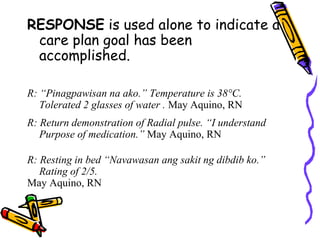 RESPONSE is used alone to indicate a
care plan goal has been
accomplished.
R: “Pinagpawisan na ako.” Temperature is 38°C.
Tolerated 2 glasses of water . May Aquino, RN
R: Return demonstration of Radial pulse. “I understand
Purpose of medication.” May Aquino, RN
R: Resting in bed “Navawasan ang sakit ng dibdib ko.”
Rating of 2/5.
May Aquino, RN
 