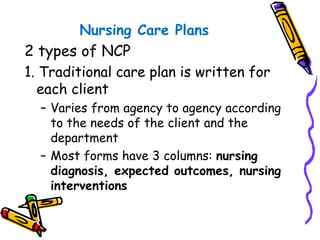 Nursing Care Plans
2 types of NCP
1. Traditional care plan is written for
each client
– Varies from agency to agency according
to the needs of the client and the
department
– Most forms have 3 columns: nursing
diagnosis, expected outcomes, nursing
interventions
 