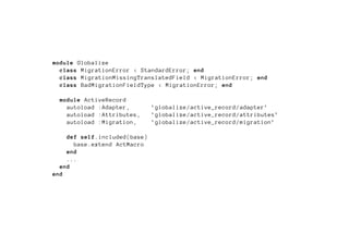 module Globalize
  class MigrationError < StandardError; end
  class MigrationMissingTranslatedField < MigrationError; end
  class BadMigrationFieldType < MigrationError; end

  module ActiveRecord
    autoload :Adapter ,       ’globalize/active_record/adapter’
    autoload :Attributes ,    ’globalize/active_record/attributes’
    autoload :Migration ,     ’globalize/active_record/migration’

    def self.included(base)
      base.extend ActMacro
    end
    ...
  end
end
 