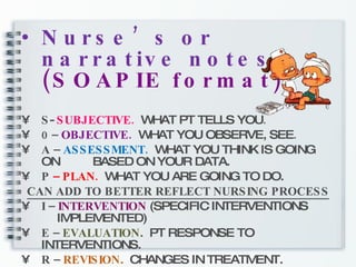 Nurse’s or narrative notes  (SOAPIE format) S -   SUBJECTIVE.  WHAT PT TELLS YOU . 0 –  OBJECTIVE.  WHAT YOU OBSERVE, SEE . A –  ASSESSMENT.  WHAT YOU THINK IS GOING ON  BASED ON YOUR DATA. P  – PLAN.  WHAT YOU ARE GOING TO DO. CAN ADD TO BETTER REFLECT NURSING PROCESS I –  INTERVENTION   (SPECIFIC INTERVENTIONS  IMPLEMENTED) E –  EVALUATION .  PT RESPONSE TO INTERVENTIONS. R –  REVISION .  CHANGES IN TREATMENT. 
