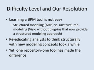 Difficulty Level and Our Resolution
• Learning a BPM tool is not easy
  – Structured modeling (ARIS) vs. unstructured
    modeling (Visio without plug-ins that now provide
    a structured modeling approach)
• Re-educating analysts to think structurally
  with new modeling concepts took a while
• Yet, one repository-one tool has made the
  difference
 