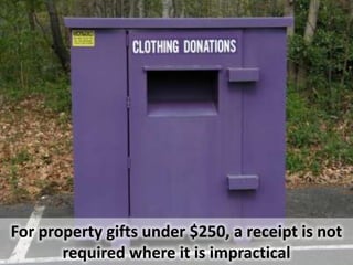 Donor Records
Charity Statement
Charity Statement
Qualified
Appraisal
Cash < $250
Property <$250
Property $250-$500
Property >$500
Property $5,000+
except publicly traded securities
Property >$500,000
Artwork >$20,000
except publicly traded securities
Donor Records
Why?…did you give?
quid pro quo?
Who?
What?
When?
Where?
Summary
of
Qualified
Appraisal
IRS Form
Cash $250+
or
How?…did you value it?
 