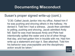 20
Documenting Misconduct
Susan‟s proper signed write-up (cont.):
“2:30: Called Jacob Janitor into my office. Asked him if
he was pushing and shoving others in the hallway. He
denied it. Told him I had a witness. Jacob then admitted
to yelling, pushing and shoving. Jacob admitted Andy
fell. Said he was mad because Andy and Pete had
intentionally spilled the water and a lot of other things
that day, and had gotten him in trouble with me. Had him
write up a statement and sign it. See attached. Told him
his behavior was unacceptable and the disciplinary
action would be taken.”
 