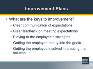 26
Improvement Plans
 What are the keys to improvement?
– Clear communication of expectations
– Clear feedback on meeting expectations
– Playing to the employee‟s strengths
– Getting the employee to buy into the goals
– Getting the employee involved in creating the
solution
 