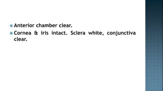  Anterior chamber clear.
 Cornea & iris intact. Sclera white, conjunctiva
clear.
 