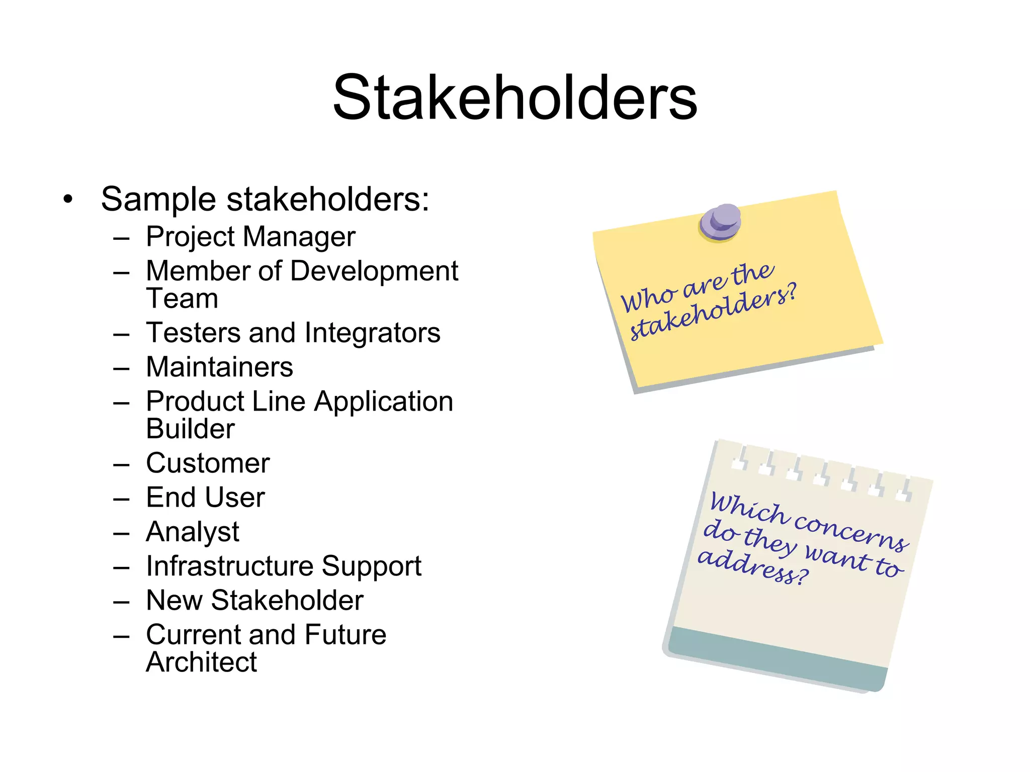 Stakeholders
• Sample stakeholders:
   – Project Manager
   – Member of Development
     Team
   – Testers and Integrators
   – Maintainers
   – Product Line Application
     Builder
   – Customer
   – End User
   – Analyst
   – Infrastructure Support
   – New Stakeholder
   – Current and Future
     Architect
 