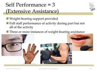 Self Performance = 3
(Extensive Assistance)
Weight-bearing support provided
Full staff performance of activity during part but not
all of the activity
Three or more instances of weight bearing assistance

Copyright © 2012 All Rights Reserved

Harmony Healthcare International, Inc.

17

 