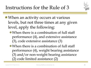 Instructions for the Rule of 3
When an activity occurs at various
levels, but not three times at any given
level, apply the following:
When there is a combination of full staff
performance (4), and extensive assistance
(3), code extensive assistance (3)
When there is a combination of full staff
performance (4), weight bearing assistance
(3) and/or non-weight bearing assistance
(2) code limited assistance (2)
Copyright © 2012 All Rights Reserved

Harmony Healthcare International, Inc.

21

 