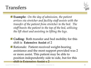 Transfers
Example: On the day of admission, the patient
arrives via stretcher and facility staff assists with the
transfer of the patient from stretcher to the bed. The
staff boosts the patient to the top of the bed, utilizing
the lift sheet and assisting in lifting the legs.
Coding: Both transfer and bed mobility for this
shift is Extensive Assist of 2
Rationale: Patient received weight-bearing
assistance and the most support provided was 2
or more assist. This patient may be able to
position independently side to side, but for this
shift is Extensive Assist x 2
Copyright © 2012 All Rights Reserved

Harmony Healthcare International, Inc.

38

 
