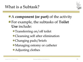 What is a Subtask?
A component (or part) of the activity
For example, the subtasks of Toilet
Use include:
Transferring on/off toilet
Cleansing self after elimination
Changing pads/briefs
Managing ostomy or catheter
Adjusting clothes
Copyright © 2012 All Rights Reserved

Harmony Healthcare International, Inc.

55

 