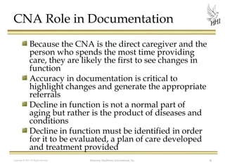 CNA Role in Documentation
Because the CNA is the direct caregiver and the
person who spends the most time providing
care, they are likely the first to see changes in
function
Accuracy in documentation is critical to
highlight changes and generate the appropriate
referrals
Decline in function is not a normal part of
aging but rather is the product of diseases and
conditions
Decline in function must be identified in order
for it to be evaluated, a plan of care developed
and treatment provided
Copyright © 2012 All Rights Reserved

Harmony Healthcare International, Inc.

6

 