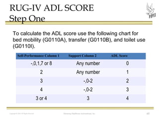 RUG-IV ADL SCORE
Step One
To calculate the ADL score use the following chart for
bed mobility (G0110A), transfer (G0110B), and toilet use
(G0110I).
Self-Performance Column 1

Support Column 2

ADL Score

-,0,1,7 or 8

Any number

0

2

Any number

1

3

-,0-2

2

4

-,0-2

3

3 or 4

3

4

Copyright © 2012 All Rights Reserved

Harmony Healthcare International, Inc.

65

 