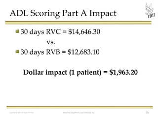 ADL Scoring Part A Impact
30 days RVC = $14,646.30
vs.
30 days RVB = $12,683.10
Dollar impact (1 patient) = $1,963.20

Copyright © 2012 All Rights Reserved

Harmony Healthcare International, Inc.

74

 
