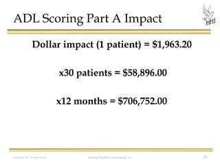 ADL Scoring Part A Impact
Dollar impact (1 patient) = $1,963.20
x30 patients = $58,896.00
x12 months = $706,752.00

Copyright © 2012 All Rights Reserved

Harmony Healthcare International, Inc.

75

 