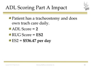 ADL Scoring Part A Impact
Patient has a tracheostomy and does
own trach care daily.
ADL Score = 2
RUG Score = ES2
ES2 = $536.47 per day

Copyright © 2012 All Rights Reserved

Harmony Healthcare International, Inc.

82

 