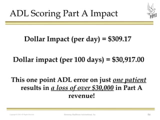 ADL Scoring Part A Impact
Dollar Impact (per day) = $309.17
Dollar impact (per 100 days) = $30,917.00
This one point ADL error on just one patient
results in a loss of over $30,000 in Part A
revenue!
Copyright © 2012 All Rights Reserved

Harmony Healthcare International, Inc.

84

 