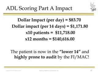 ADL Scoring Part A Impact
Dollar Impact (per day) = $83.70
Dollar impact (per 14 days) = $1,171.80
x10 patients = $11,718.00
x12 months = $140,616.00
The patient is now in the “lower 14” and
highly prone to audit by the FI/MAC!
Copyright © 2012 All Rights Reserved

Harmony Healthcare International, Inc.

87

 
