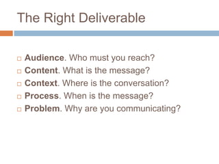 The Right Deliverable
Audience. Who must you reach?
Content. What is the message?
Context. Where is the conversation?
Process. When is the message?
Problem. Why are you communicating?
 