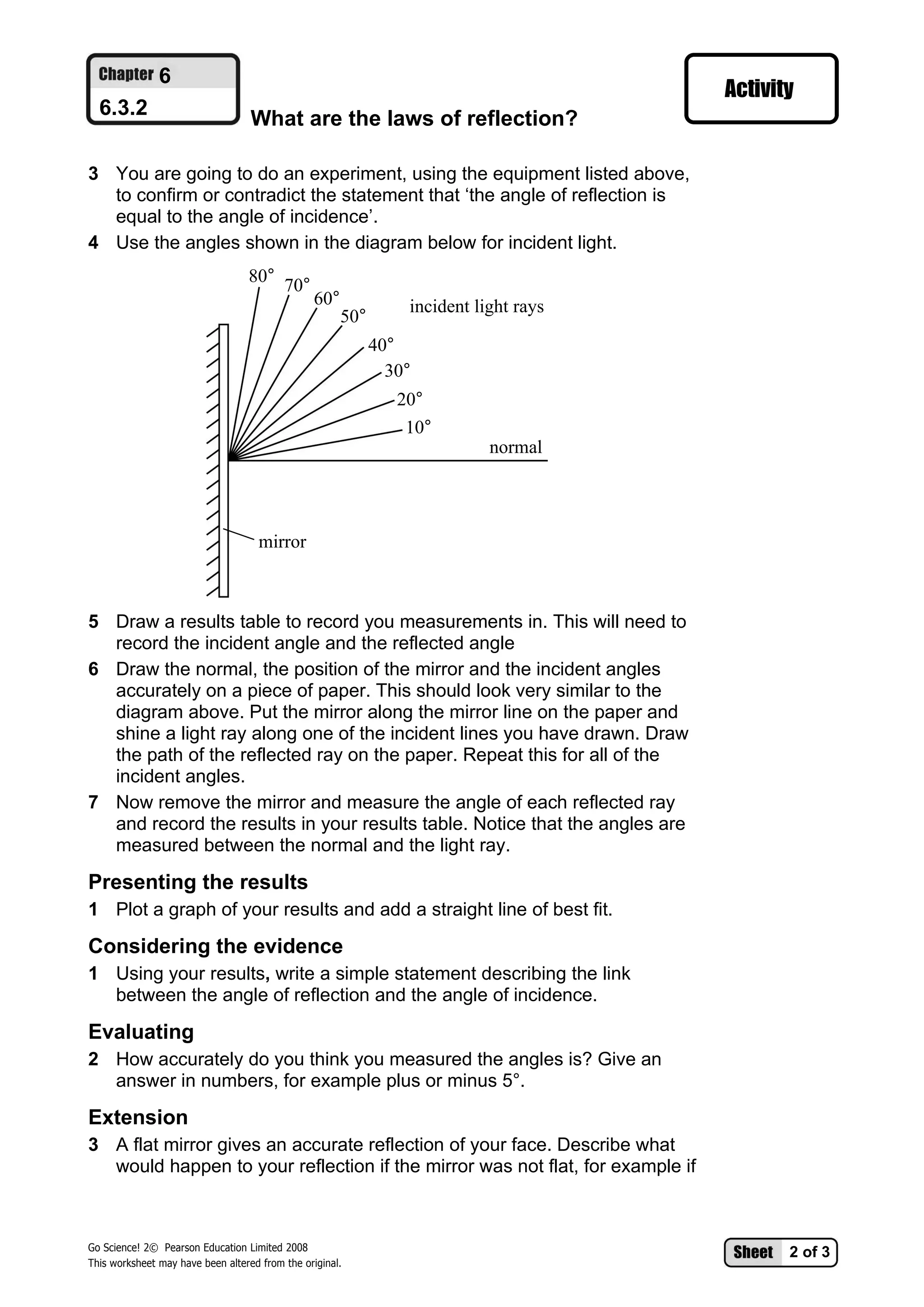 6
  6.3.2                            What are the laws of reflection?

3 You are going to do an experiment, using the equipment listed above,
  to confirm or contradict the statement that ‘the angle of reflection is
  equal to the angle of incidence’.
4 Use the angles shown in the diagram below for incident light.
                                  80° 70°
                                                 60°             incident light rays
                                                       50°
                                                             40°
                                                               30°
                                                                20°
                                                                 10°
                                                                            normal




                                    mirror



5 Draw a results table to record you measurements in. This will need to
  record the incident angle and the reflected angle
6 Draw the normal, the position of the mirror and the incident angles
  accurately on a piece of paper. This should look very similar to the
  diagram above. Put the mirror along the mirror line on the paper and
  shine a light ray along one of the incident lines you have drawn. Draw
  the path of the reflected ray on the paper. Repeat this for all of the
  incident angles.
7 Now remove the mirror and measure the angle of each reflected ray
  and record the results in your results table. Notice that the angles are
  measured between the normal and the light ray.

Presenting the results
1 Plot a graph of your results and add a straight line of best fit.

Considering the evidence
1 Using your results, write a simple statement describing the link
  between the angle of reflection and the angle of incidence.

Evaluating
2 How accurately do you think you measured the angles is? Give an
  answer in numbers, for example plus or minus 5°.

Extension
3 A flat mirror gives an accurate reflection of your face. Describe what
  would happen to your reflection if the mirror was not flat, for example if



Go Science! 2© Pearson Education Limited 2008
                                                                                       2 of 3
This worksheet may have been altered from the original.
 