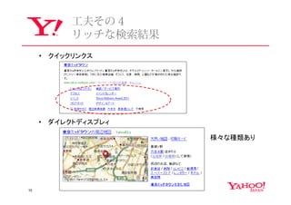 ⼯夫その４
             リッチな検索結果
     •   クイックリンクス




     •   ダイレクトディスプレィ

                        様々な種類あり




10
 