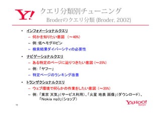 クエリ分類別チューニング
              Broderのクエリ分類 (Broder, 2002)
     •   インフォメーショナルクエリ
         – 何かを知りたい意図　（～40%）
         – 例：低ヘモグロビン
         – 検索結果ダイバーシティの必要性
     •   ナビゲーショナルクエリ
         – ある特定のページに辿りつきたい意図 (～25%）
         – 例： 「ヤフー」
         – 特定ページのランキング改善
     •   トランザクショナルクエリ
         – ウェブ環境で何らかの作業をしたい意図 （～35%）
         – 例： 「東京 天気」（サービス利用）、「火星 地表 画像」（ダウンロード）、
              「Ｎｏｋｉａ mp3」（ショップ）
13
 