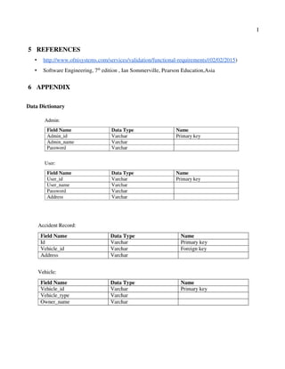 I
 5  REFERENCES
• http://www.ofnisystems.com/services/validation/functional­requirements/(02/02/2015)
• Software Engineering, 7th
 edition , Ian Sommerville, Pearson Education,Asia
 6  APPENDIX
Data Dictionary
 