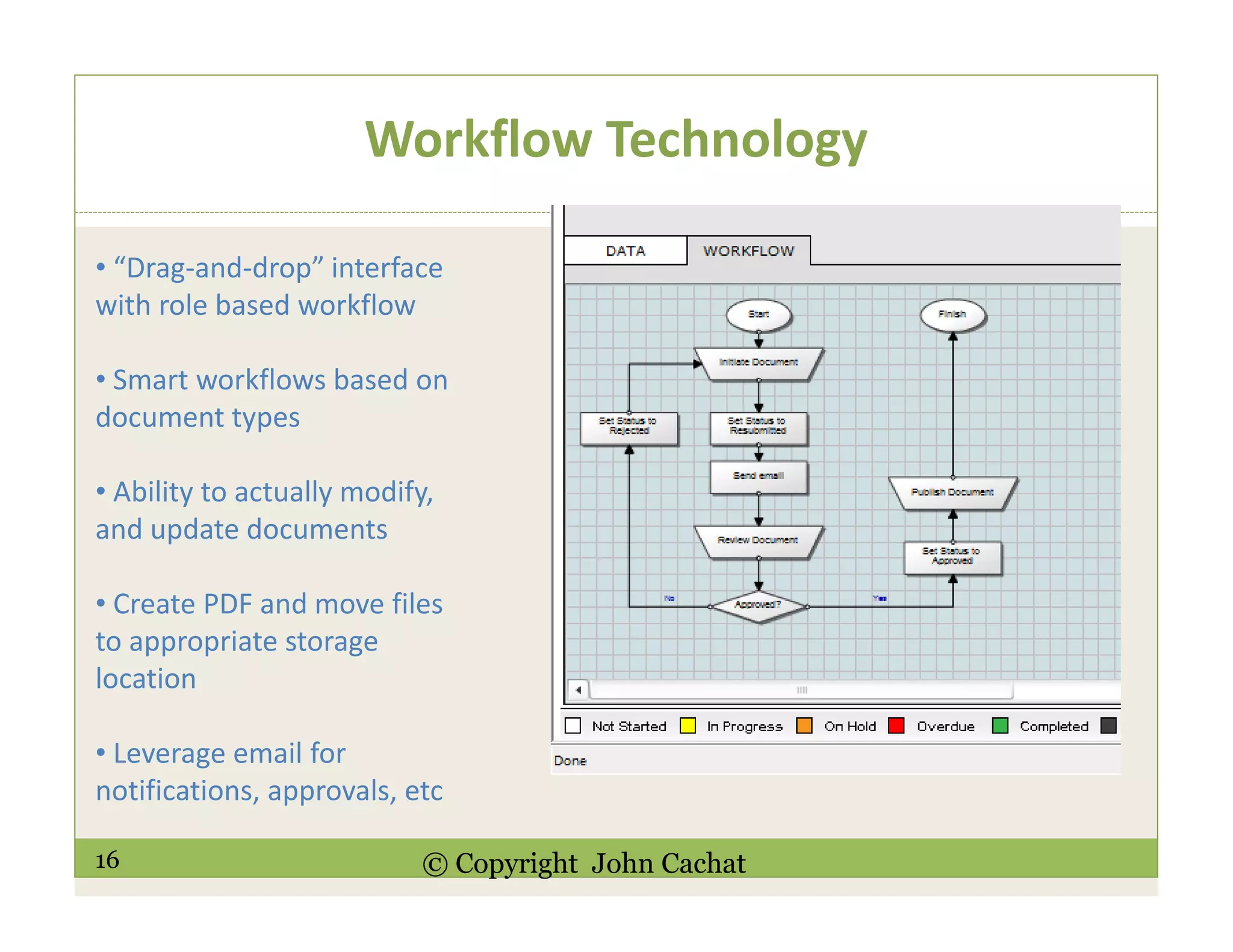 16 © Copyright John Cachat
Workflow Technology
• “Drag-and-drop” interface
with role based workflow
• Smart workflows based on
document types
• Ability to actually modify,
and update documents
• Create PDF and move files
to appropriate storage
location
• Leverage email for
notifications, approvals, etc
 