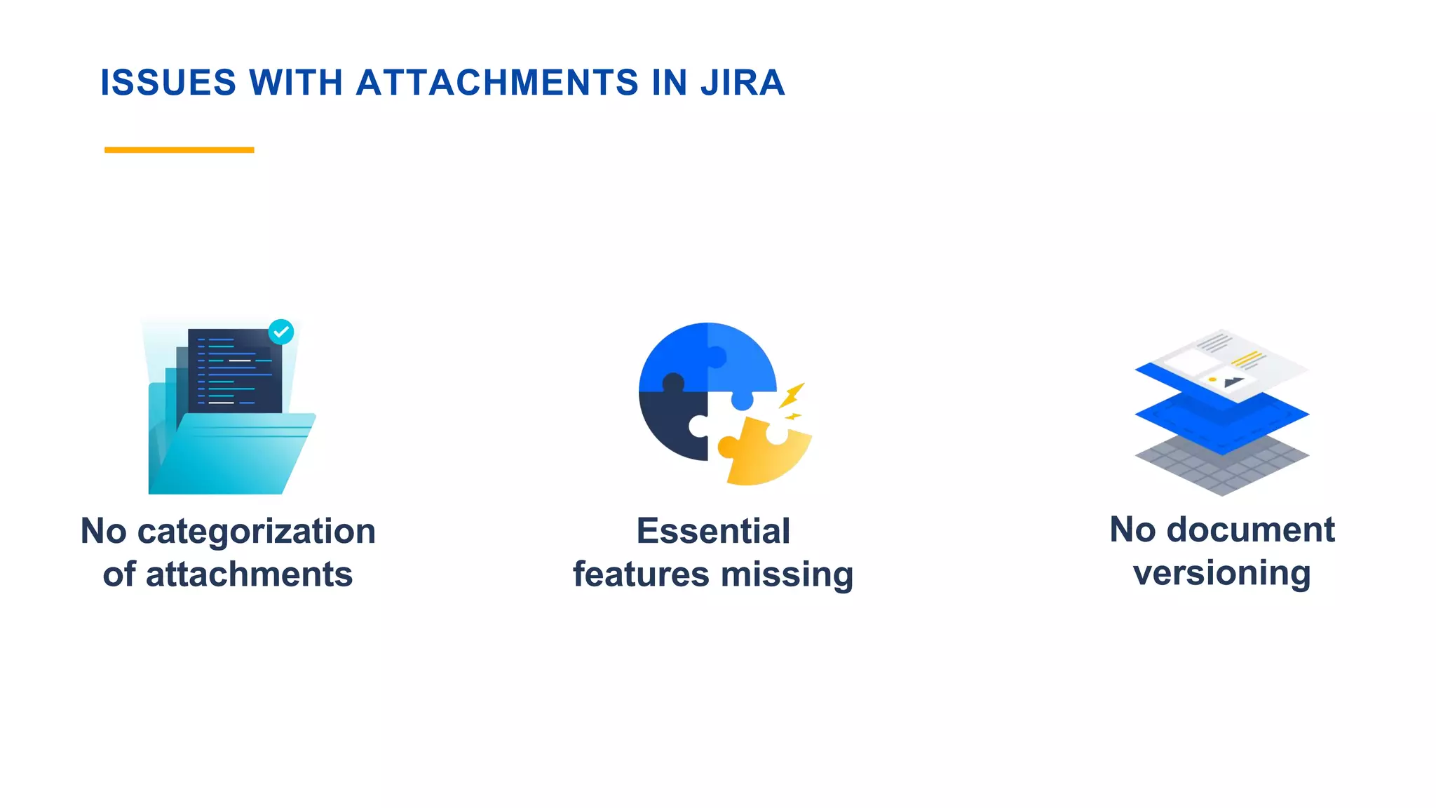 ISSUES WITH ATTACHMENTS IN JIRA
No categorization
of attachments
Essential
features missing
No document
versioning
 