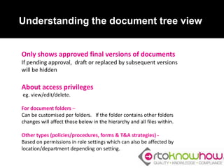 Understanding the document tree view
Only shows approved final versions of documents
If pending approval, draft or replaced by subsequent versions
will be hidden
About access privileges
eg. view/edit/delete.
For document folders –
Can be customised per folders. If the folder contains other folders
changes will affect those below in the hierarchy and all files within.
Other types (policies/procedures, forms & T&A strategies) -
Based on permissions in role settings which can also be affected by
location/department depending on setting.
 