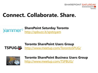 Connect. Collaborate. Share.
Toronto SharePoint Users Group
http://www.meetup.com/TorontoSPUG/
Toronto SharePoint Business Users Group
http://www.meetup.com/TSPBUG/
SharePoint Saturday Toronto
http://spbuzz.it/spstoyam
 