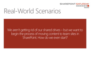 We aren’t getting rid of our shared drives – but we want to
begin the process of moving content to team sites in
SharePoint. How do we even start?
 