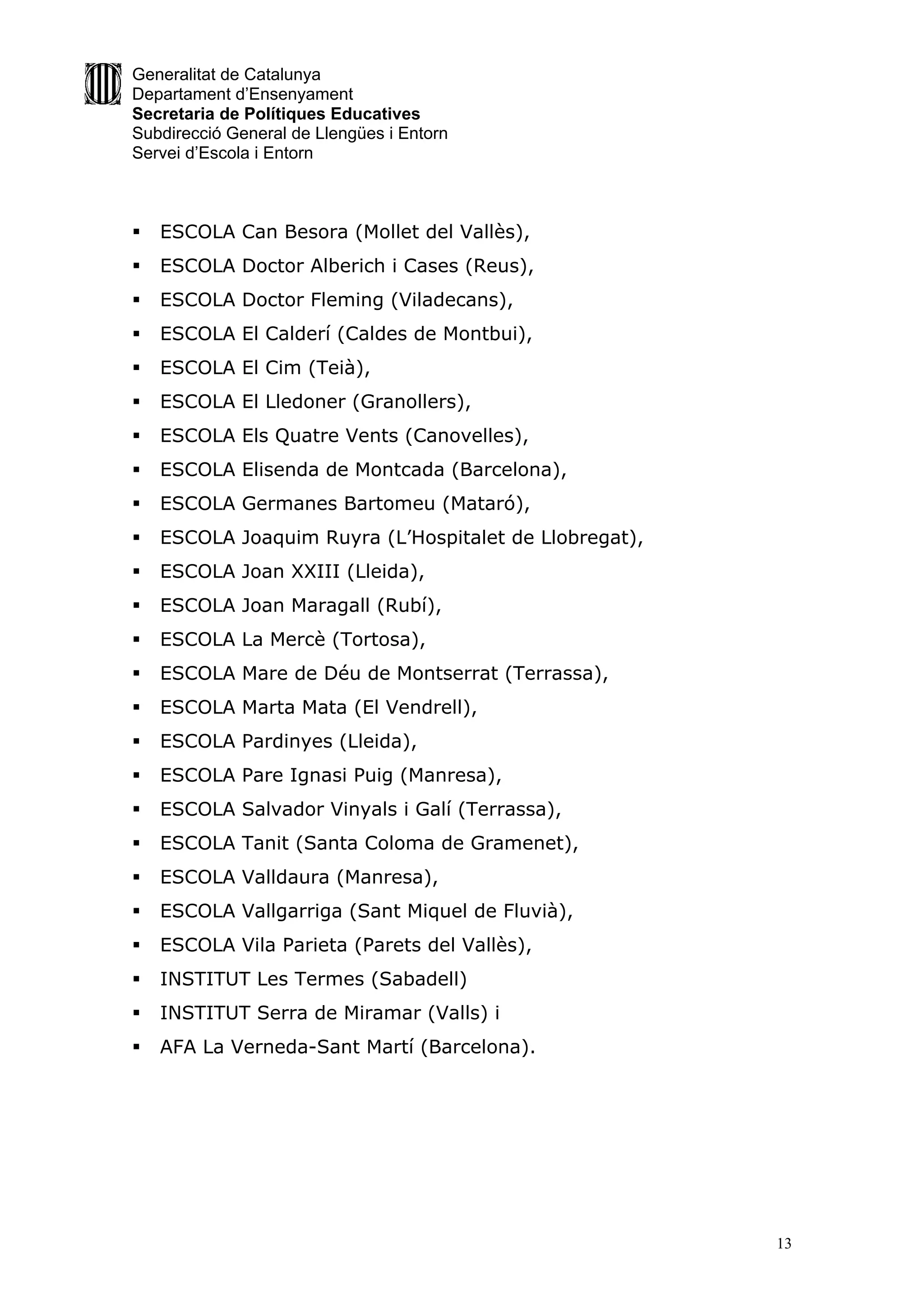 Generalitat de Catalunya
Departament d’Ensenyament
Secretaria de Polítiques Educatives
Subdirecció General de Llengües i Entorn
Servei d’Escola i Entorn



   ESCOLA Can Besora (Mollet del Vallès),
   ESCOLA Doctor Alberich i Cases (Reus),
   ESCOLA Doctor Fleming (Viladecans),
   ESCOLA El Calderí (Caldes de Montbui),
   ESCOLA El Cim (Teià),
   ESCOLA El Lledoner (Granollers),
   ESCOLA Els Quatre Vents (Canovelles),
   ESCOLA Elisenda de Montcada (Barcelona),
   ESCOLA Germanes Bartomeu (Mataró),
   ESCOLA Joaquim Ruyra (L’Hospitalet de Llobregat),
   ESCOLA Joan XXIII (Lleida),
   ESCOLA Joan Maragall (Rubí),
   ESCOLA La Mercè (Tortosa),
   ESCOLA Mare de Déu de Montserrat (Terrassa),
   ESCOLA Marta Mata (El Vendrell),
   ESCOLA Pardinyes (Lleida),
   ESCOLA Pare Ignasi Puig (Manresa),
   ESCOLA Salvador Vinyals i Galí (Terrassa),
   ESCOLA Tanit (Santa Coloma de Gramenet),
   ESCOLA Valldaura (Manresa),
   ESCOLA Vallgarriga (Sant Miquel de Fluvià),
   ESCOLA Vila Parieta (Parets del Vallès),
   INSTITUT Les Termes (Sabadell)
   INSTITUT Serra de Miramar (Valls) i
   AFA La Verneda-Sant Martí (Barcelona).




                                                        13
 