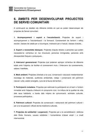 Generalitat de Catalunya
Departament d’Ensenyament
11
6. ÀMBITS PER DESENVOLUPAR PROJECTES
DE SERVEI COMUNITARI
A continuació es detallen els diferents àmbits en què es poden desenvolupar els
projectes de Servei comunitari.
1. Acompanyament i suport a l’escolarització. Projectes de suport i
acompanyament a l’escolarització i la formació. Coneixement de l’entorn i reforç
escolar, classes de català per a nouvinguts, motivació per a l’estudi, classes d’adults...
2. Suport a necessitats bàsiques. Projectes d’ajuda directa a persones que poden
necessitar-la: col·lectius en risc d’exclusió, persones immigrades, persones amb
discapacitats físiques o psíquiques...
3. Intercanvi generacional. Projectes que pretenen apropar col·lectius de diferents
edats amb l’objectiu de facilitar el coneixement mutu i l'intercanvi de coneixements,
sabers i habilitats.
4. Medi ambient. Projectes orientats a la cura, conservació i educació mediambiental:
reciclatge de materials, auditories ambientals, neteja i conservació del patrimoni
natural i urbà, estalvi energètic, cura de la fauna del territori...
5. Participació ciutadana. Projectes per estimular la participació en el barri o l’entorn
immediat amb l'objectiu d’afavorir el compromís cívic i la millora de la qualitat de vida
dels seus habitants, a través dels mitjans de comunicació, activitats culturals,
processos participatius...
6. Patrimoni cultural. Projectes de conservació i restauració del patrimoni cultural i
per a la recuperació i difusió de les tradicions culturals.
7. Projectes de solidaritat i cooperació. Projectes per a la sensibilització i defensa
dels Drets Humans, causes solidàries i humanitàries d’abast ampli i a nivell
internacional.
 