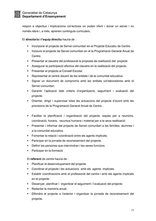 Generalitat de Catalunya
Departament d’Ensenyament
19
respon a objectius i implicacions col·lectives on poden oferir i donar un servei i no
només rebre i, a més, aprenen continguts curriculars..
El director/a i l’equip directiu hauria de :
Incorporar el projecte de Servei comunitari en el Projecte Educatiu de Centre.
Incloure el projecte de Servei comunitari en el la Programació General Anual de
Centre.
Presentar al claustre del professorat la proposta de realització del projecte
Assegurar la participació efectiva del claustre en la realització del projecte.
Presentar el projecte al Consell Escolar.
Representar el centre davant de les entitats i de la comunitat educativa.
Signar un document de compromís amb les entitats col·laboradores amb el
Servei comunitari.
Garantir l’aplicació dels criteris d’organització, seguiment i avaluació del
projecte.
Orientar, dirigir i supervisar totes les actuacions del projecte d’acord amb les
previsions de la Programació General Anual de Centre .
Facilitar la planificació i organització del projecte: espais per a reunions,
coordinació, horaris, recursos humans i material per a la seva realització.
Presentar i informar del projecte de Servei comunitari a les famílies, alumnes i
a la comunitat educativa.
Fomentar la relació i coordinació entre els agents implicats.
Participar en la jornada de reconeixement del projecte.
Definir les persones que intervindran i les seves funcions.
Participar en la formació
El referent de centre hauria de :
Planificar el desenvolupament del projecte.
Coordinar el projecte i les actuacions amb els agents implicats.
Establir coordinacions amb el professorat del centre i amb els agents implicats
en el projecte.
Dissenyar, planificar i organitzar el seguiment i l’avaluació del projecte.
Redactar la memòria anual.
Difondre el projecte a l’exterior i organitzar la jornada de reconeixement del
projecte.
 