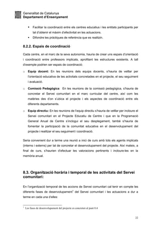 Generalitat de Catalunya
Departament d’Ensenyament
22
Facilitar la coordinació entre els centres educatius i les entitats participants per
tal d’obtenir el màxim d’efectivitat en les actuacions.
Difondre les pràctiques de referència que es realitzin.
8.2.2. Espais de coordinació
Cada centre, en el marc de la seva autonomia, hauria de crear uns espais d’orientació
i coordinació entre professors implicats, aprofitant les estructures existents. A tall
d’exemple podrien ser espais de coordinació:
o Equip docent: En les reunions dels equips docents, s’hauria de vetllar per
l’orientació educativa de les activitats concretades en el projecte, el seu seguiment
i avaluació.
o Comissió Pedagògica: En les reunions de la comissió pedagògica, s’hauria de
concretar el Servei comunitari en el marc curricular del centre, així com les
matèries des d’on s’ubica el projecte i els aspectes de coordinació entre els
diferents departaments.
o Equip directiu: En les reunions de l’equip directiu s’hauria de vetllar per incloure el
Servei comunitari en el Projecte Educatiu de Centre i que en la Programació
General Anual de Centre s’inclogui el seu desplegament, també s’hauria de
fomentar la participació de la comunitat educativa en el desenvolupament del
projecte i realitzar el seu seguiment i coordinació.
Seria convenient dur a terme una reunió a inici de curs amb tots els agents implicats
(interns i externs) per tal de concretar el desenvolupament del projecte. Així mateix, a
final de curs, s’haurien d’efectuar les valoracions pertinents i incloure-les en la
memòria anual.
8.3. Organització horària i temporal de les activitats del Servei
comunitari:
En l’organització temporal de les accions de Servei comunitari cal tenir en compte les
diferents fases de desenvolupament1
del Servei comunitari i les actuacions a dur a
terme en cada una d’elles:
1
Les fases de desenvolupament del projecte es concreten al punt 8.4
 